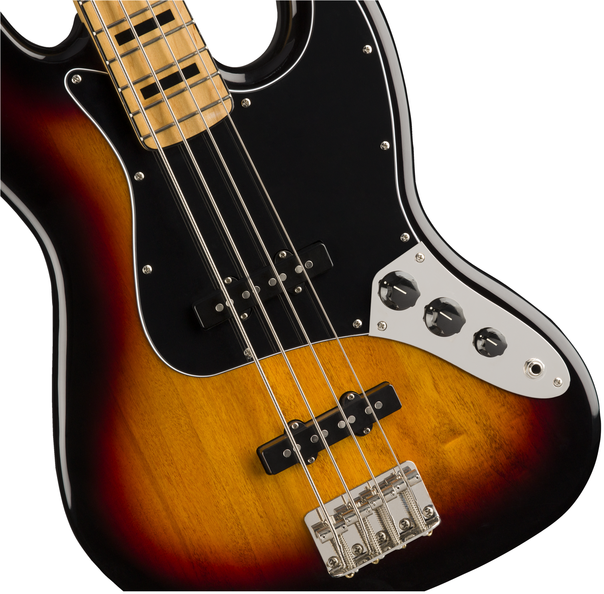 Front angle of Squier Classic Vibe ‘70s Jazz Bass MP 3-Color Sunburst body.