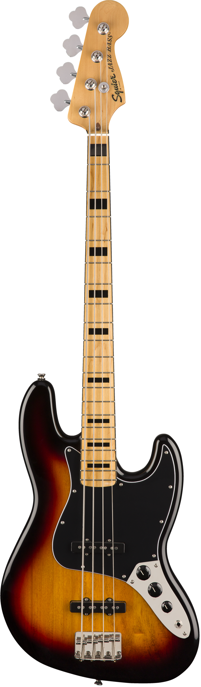 Full frontal of Squier Classic Vibe ‘70s Jazz Bass MP 3-Color Sunburst.