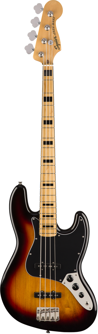 Full frontal of Squier Classic Vibe ‘70s Jazz Bass MP 3-Color Sunburst.