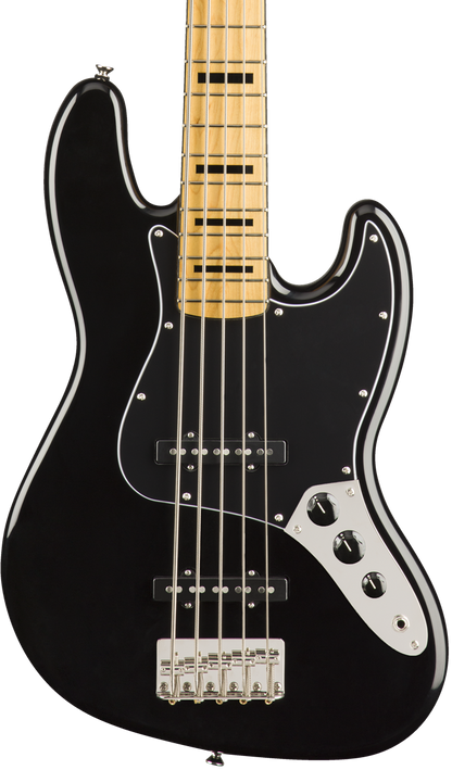 Front of Squier Classic Vibe ‘70s Jazz Bass V MP Black.