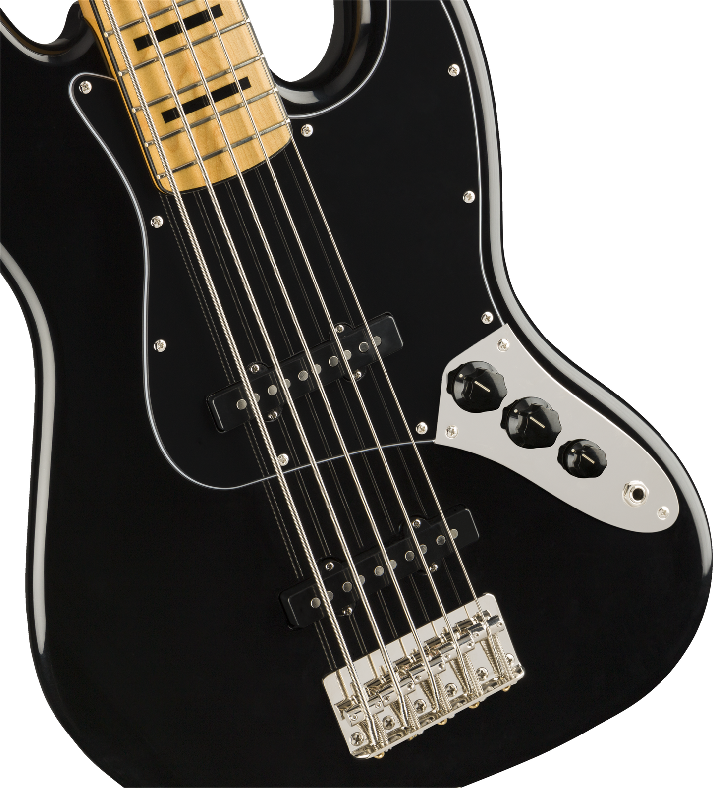 Front angle of Squier Classic Vibe ‘70s Jazz Bass V MP Black body.