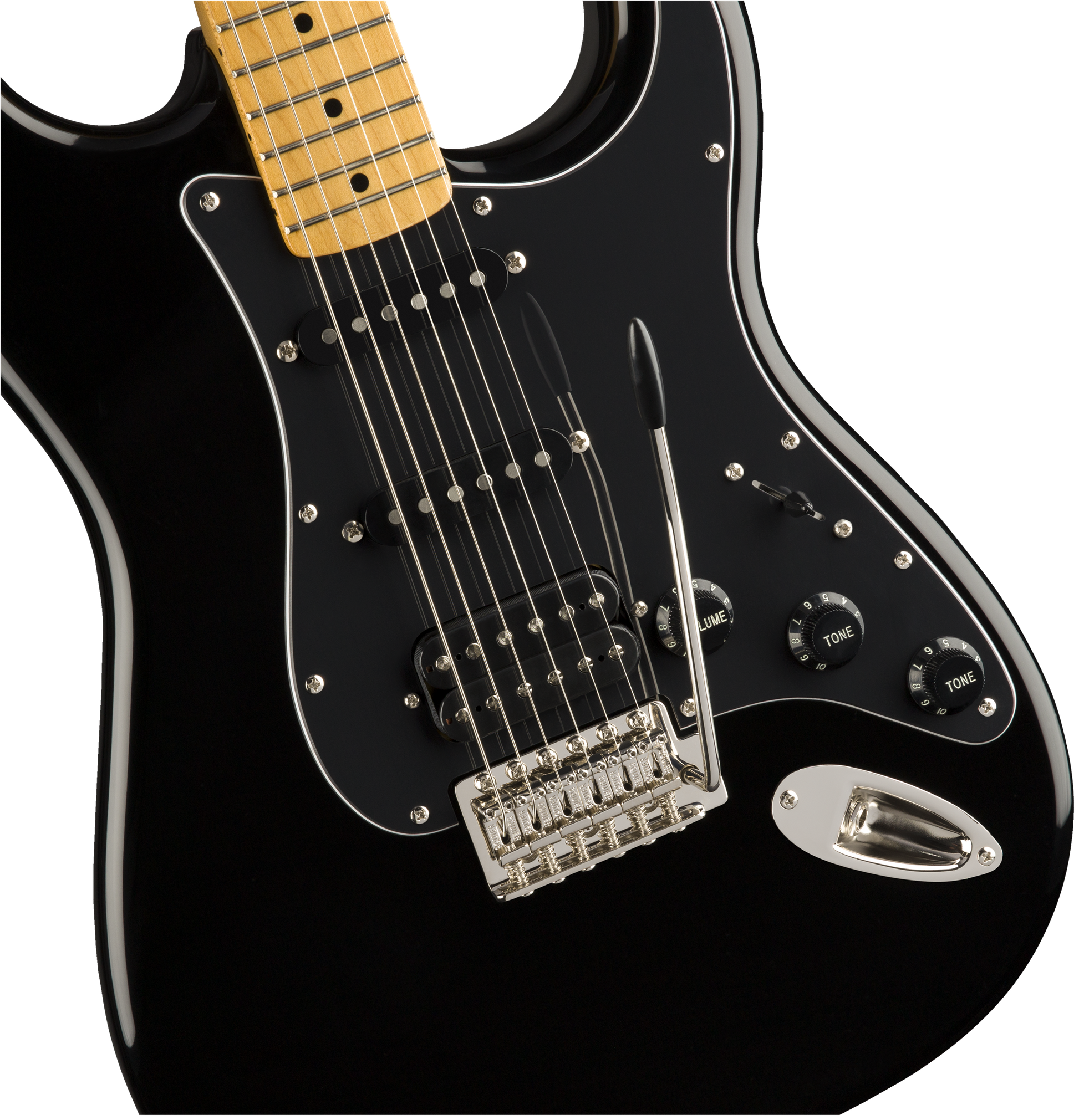 Close up angle of Squier Classic Vibe ‘70s Stratocaster HSS MP Black body.