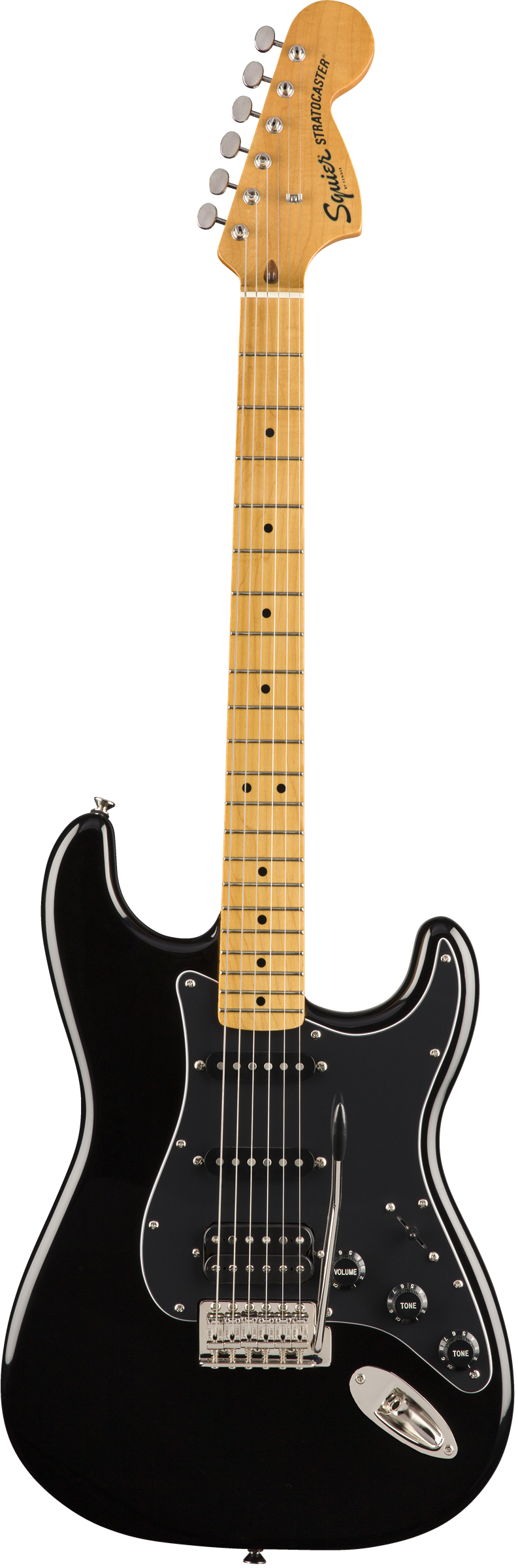 Full frontal of Squier Classic Vibe ‘70s Stratocaster HSS MP Black.