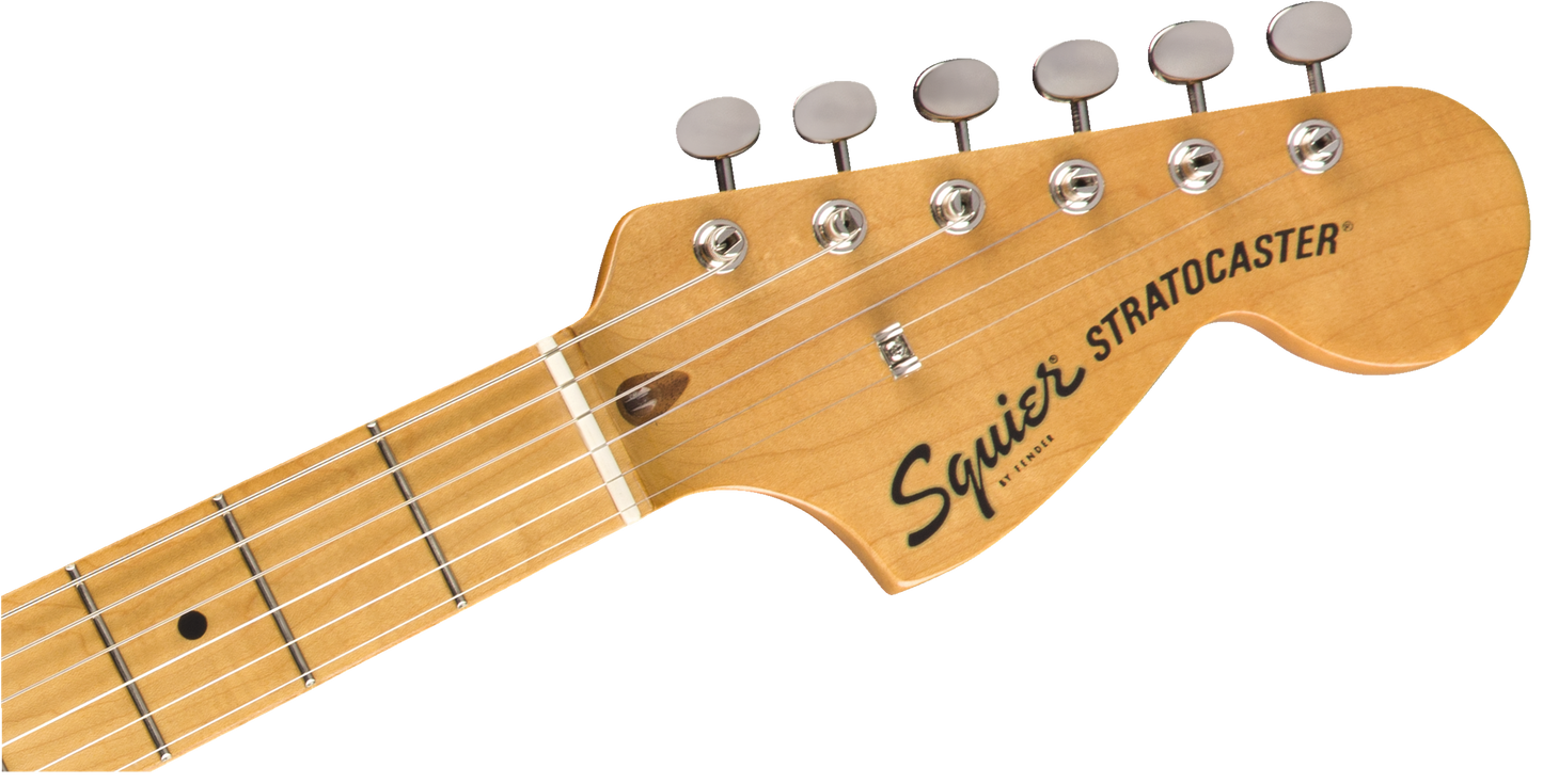 Close up angle of Squier Classic Vibe ‘70s Stratocaster HSS MP Black headstock.