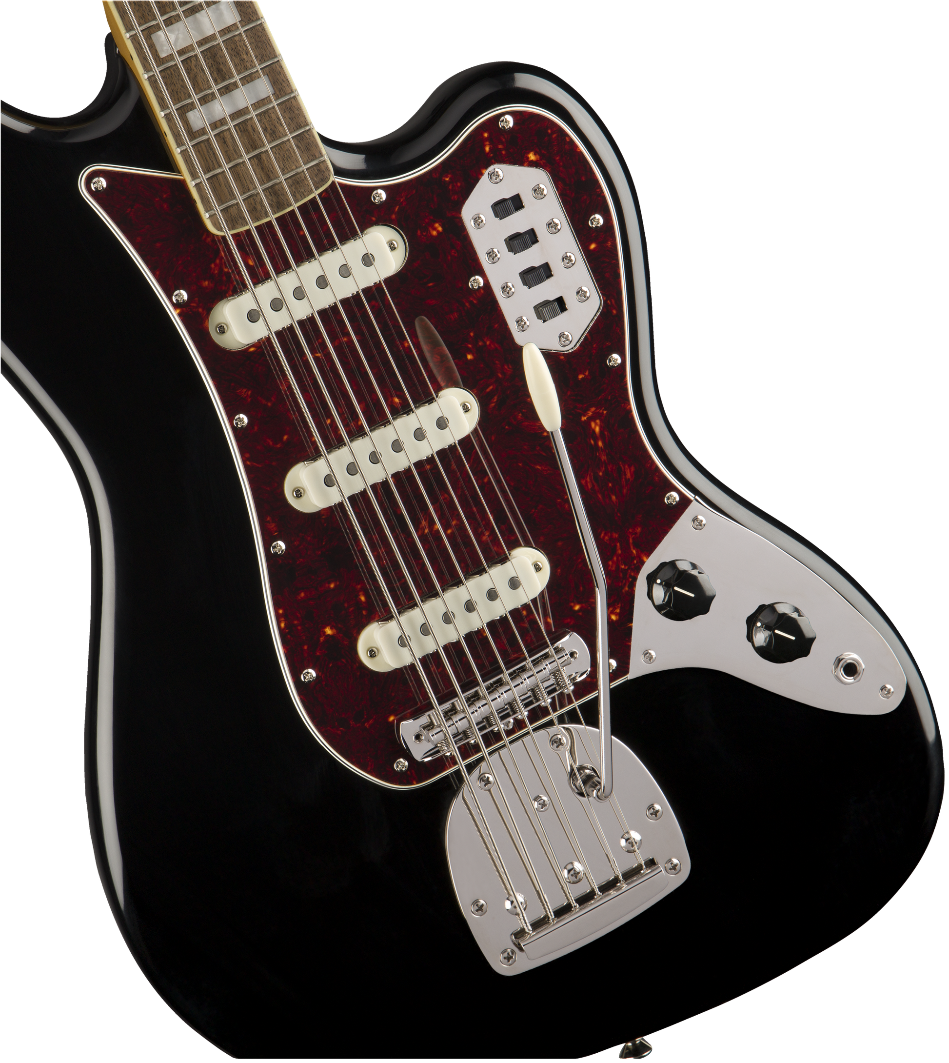 Close up of Squier Classic Vibe Bass VI Black body.