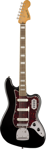 Full frontal of Squier Classic Vibe Bass VI Black.