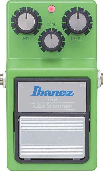 Top down of Ibanez Tube Screamer TS9 pedal with white background.