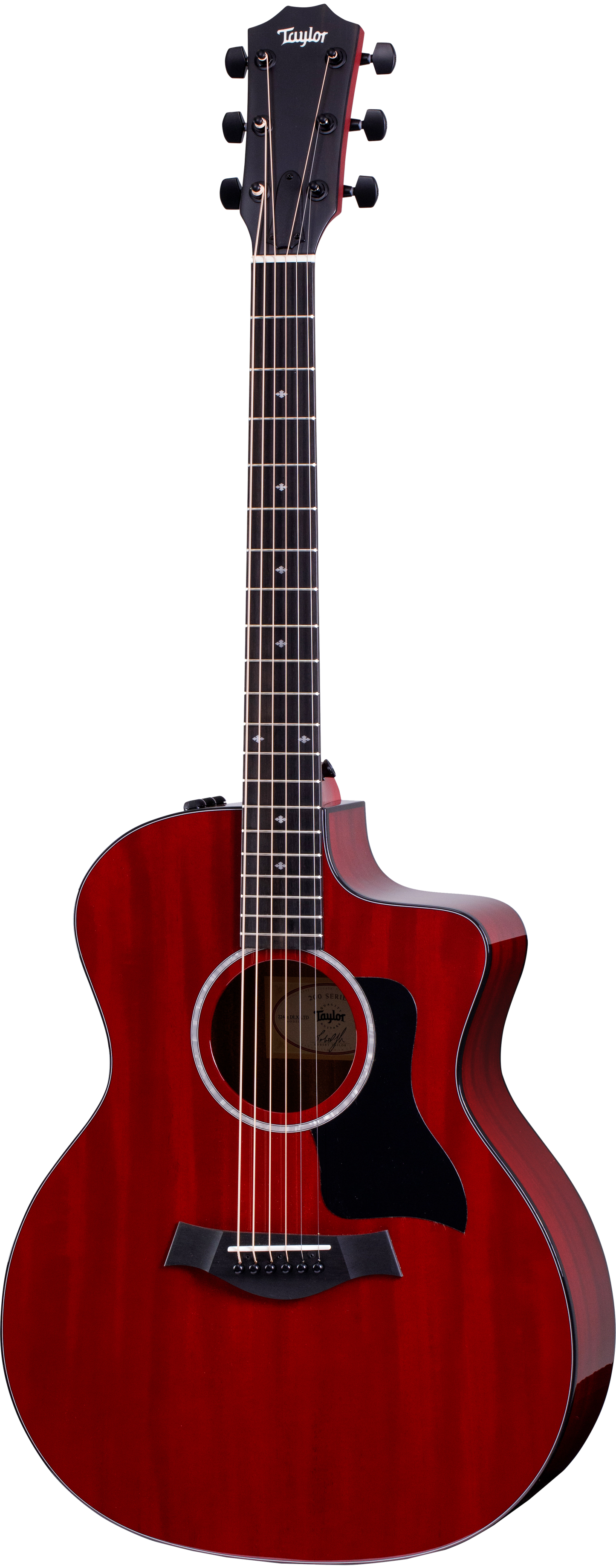 Full frontal of Taylor 224ce DLX LTD Transparent Red Top.