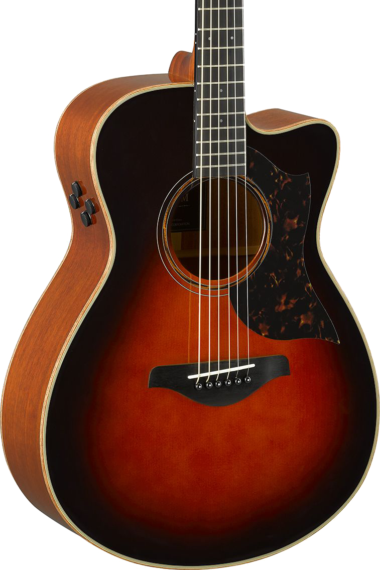 Front angle of Open Box Yamaha AC3M ARE Concert Cutaway Tobacco Brown Sunburst.