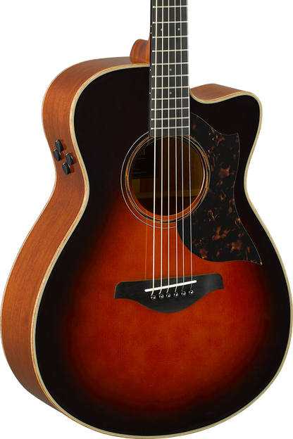 Front angle of Open Box Yamaha AC3M ARE Concert Cutaway Tobacco Brown Sunburst.
