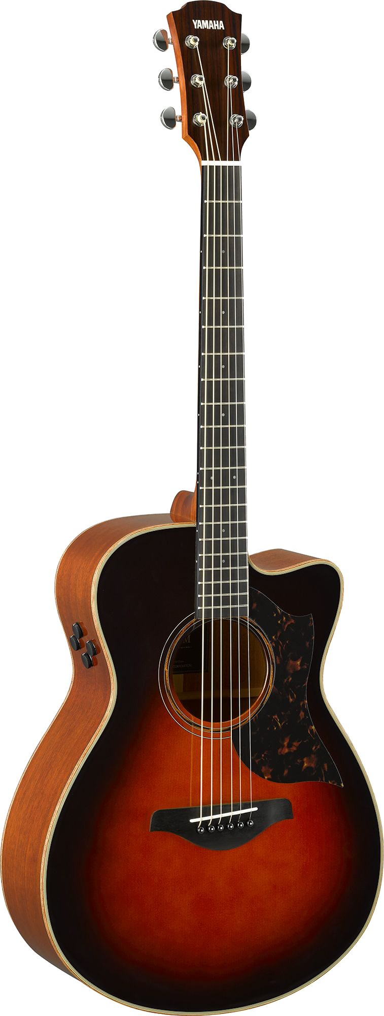 Full front angle of Open Box Yamaha AC3M ARE Concert Cutaway Tobacco Brown Sunburst.