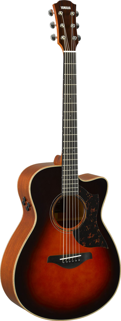 Full front angle of Open Box Yamaha AC3M ARE Concert Cutaway Tobacco Brown Sunburst.