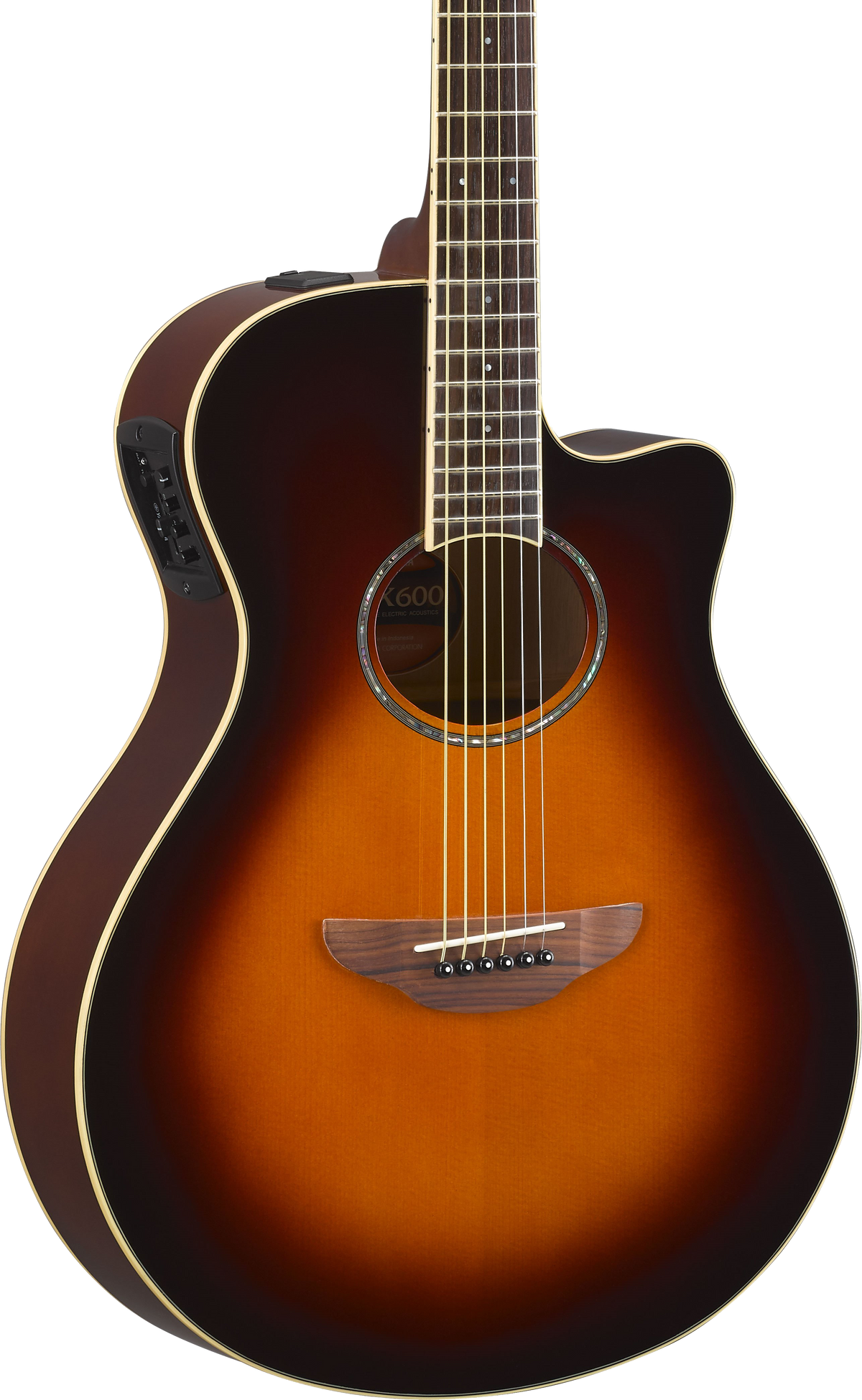 Front of Yamaha APX600 Thinline Cutaway Old Violin Sunburst.