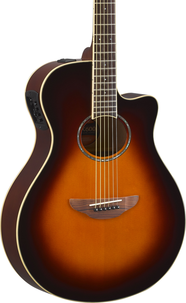 Front of Yamaha APX600 Thinline Cutaway Old Violin Sunburst.