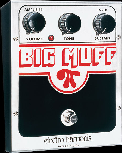 Front left angle of EHX Electro-Harmonix US Big Muff Pedal with black background.