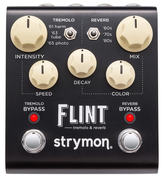 Top down of Strymon Flint Tremolo and Reverb Pedal V2 with white background.