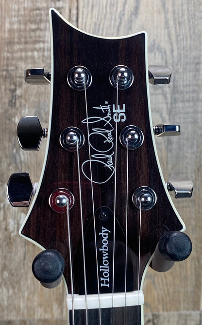 Close up of headstock of Open Box PRS Paul Reed Smith SE Hollowbody Standard Fire Red Burst.
