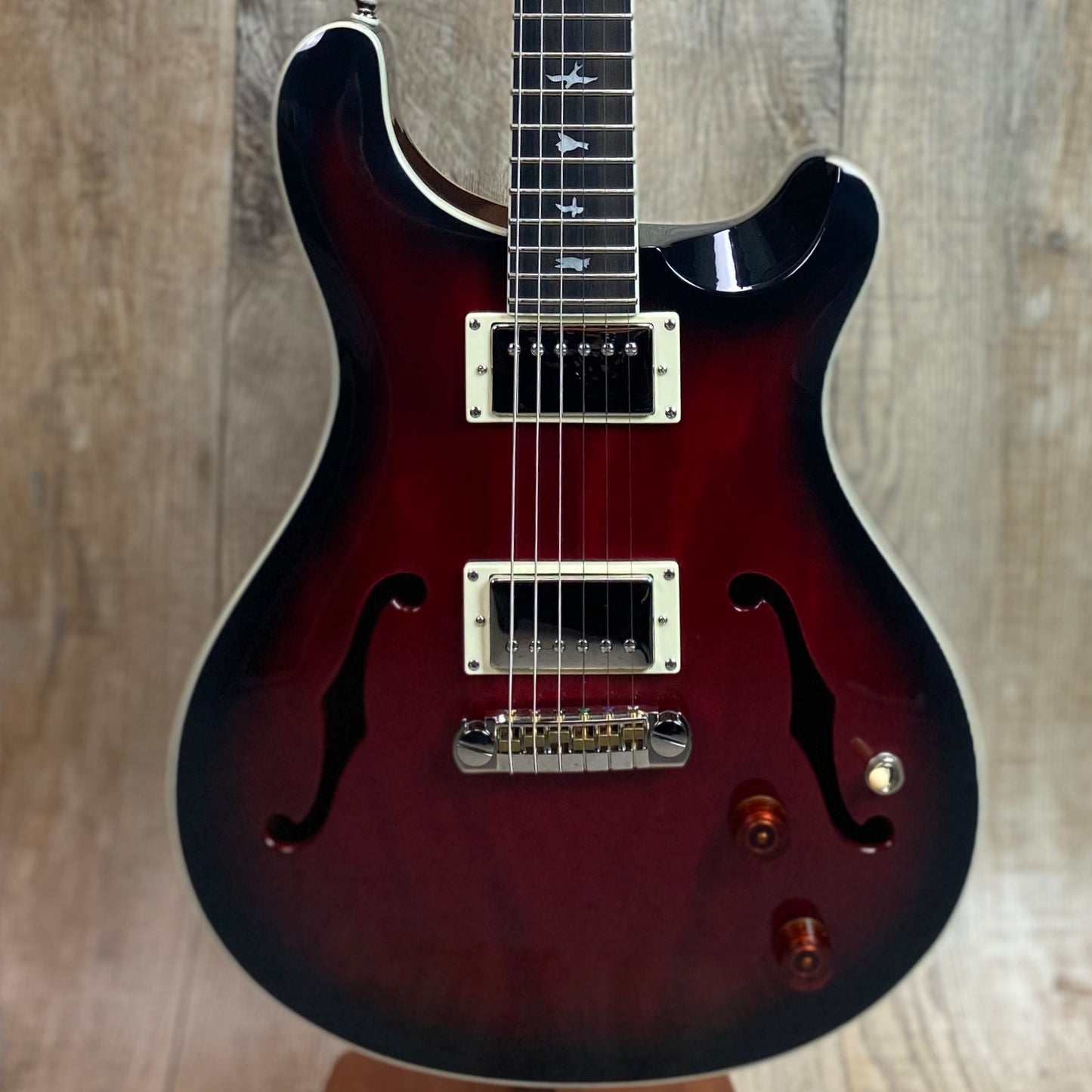 Front of Open Box PRS Paul Reed Smith SE Hollowbody Standard Fire Red Burst.