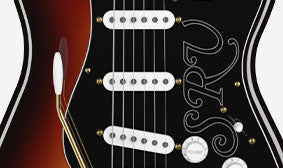 Close up of Fender Stevie Ray Vaughan Stratocaster 3-Tone Sunburst pickups.