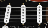 Close up of Fender Stevie Ray Vaughan Stratocaster 3-Tone Sunburst pickups.