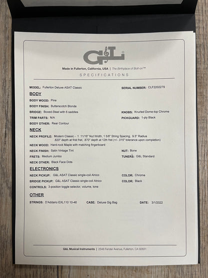 G&L Fullerton Deluxe ASAT Classic Alnico  Butterscotch w/bag