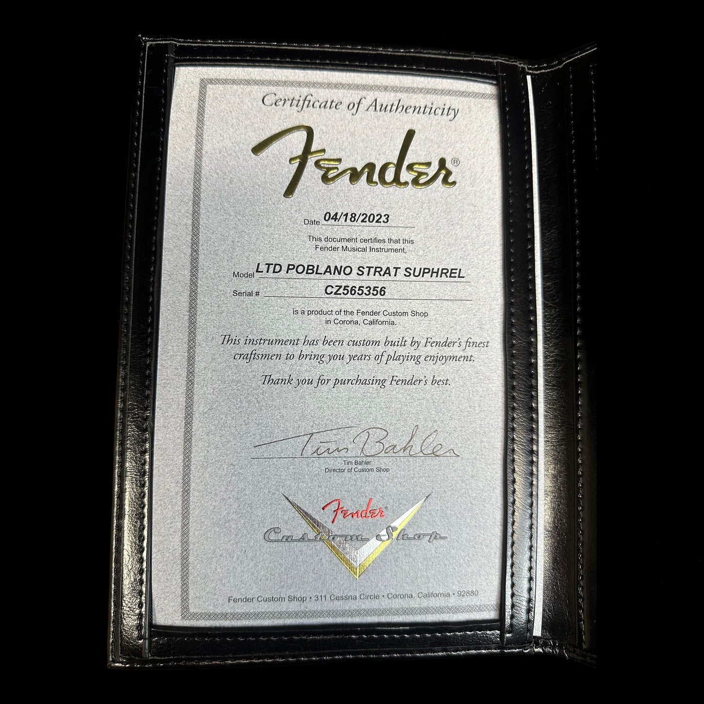 Certificate of Authenticity for Fender Custom Shop Limited Edition Poblano Stratocaster Super Heavy Relic Aged Black.