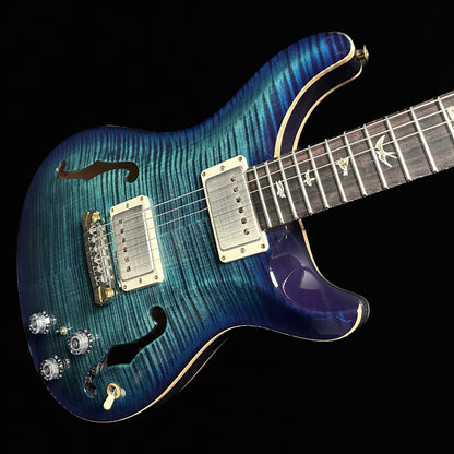 Front angle of PRS Hollowbody II Cobalt Blue 10 Top Piezo.