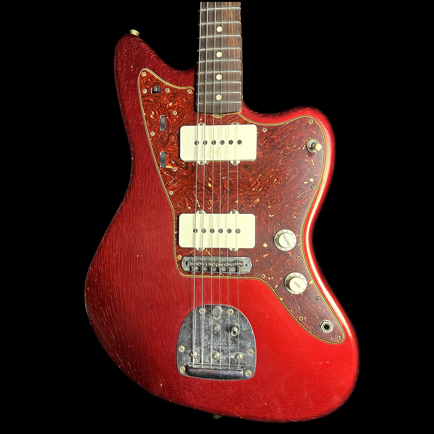 Front of Fender Custom Shop 1962 Jazzmaster Journeyman Relic Aged Candy Apple Red Reverse Headstock.