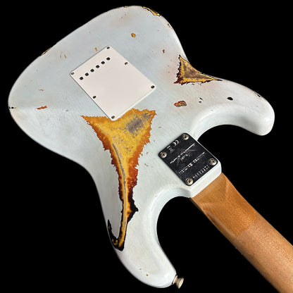 Upside down angle of Fender Custom Shop Limited 61 Strat Heavy Relic Faded Aged Sonic Blue/3-Tone Sunburst back.
