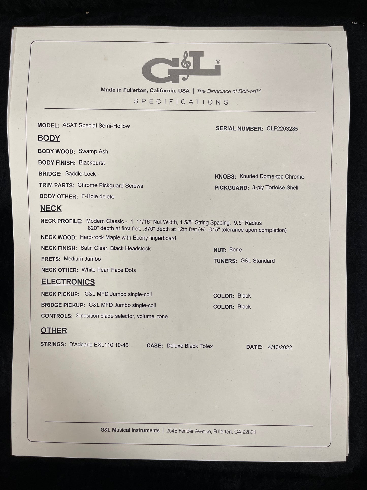 G&L USA ASAT Special Semi-Hollow No F Hole Blackburst Ebony Fretboard Painted Headstock w/case