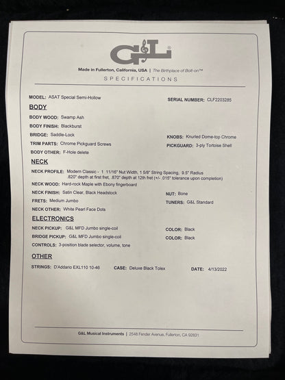 G&L USA ASAT Special Semi-Hollow No F Hole Blackburst Ebony Fretboard Painted Headstock w/case