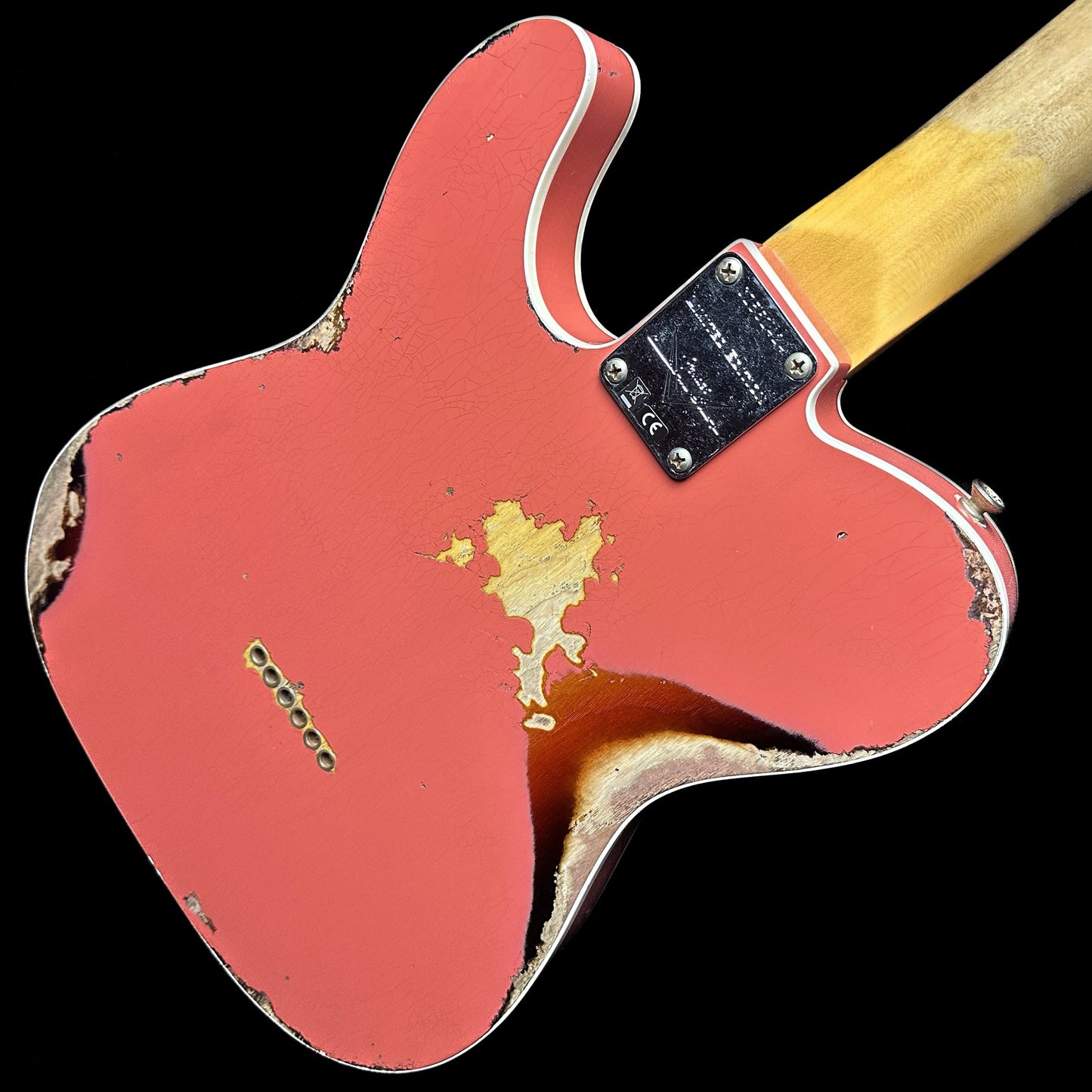 Back angle of Fender Custom Shop Limited 65 Telecaster Custom Heavy Relic MP Aged Tahitian Coral/3TSB.