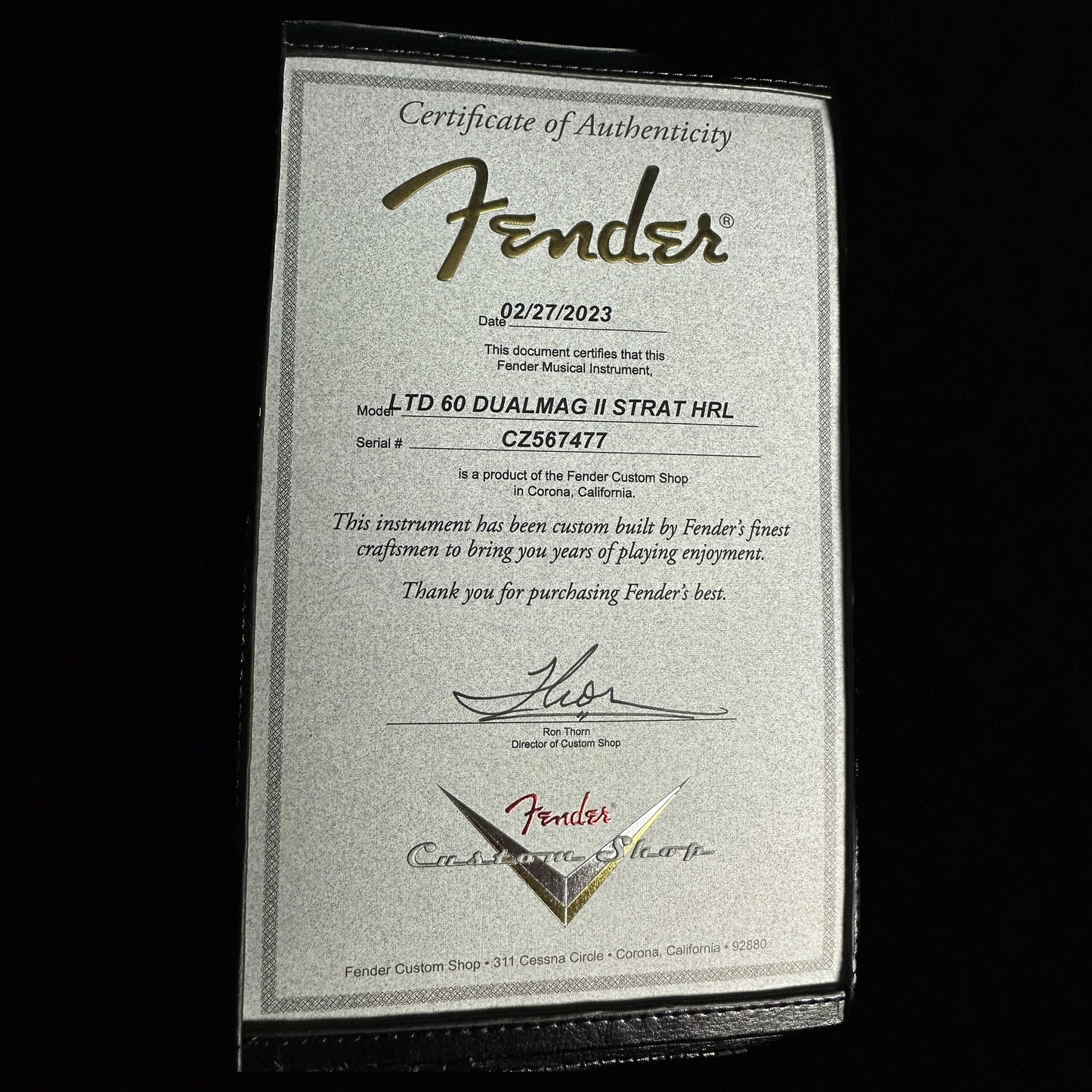 Certificate of Authenticity for Fender Custom Shop Limited 1960 Dual Mag II Stratocaster Super Heavy Relic Aged Black.