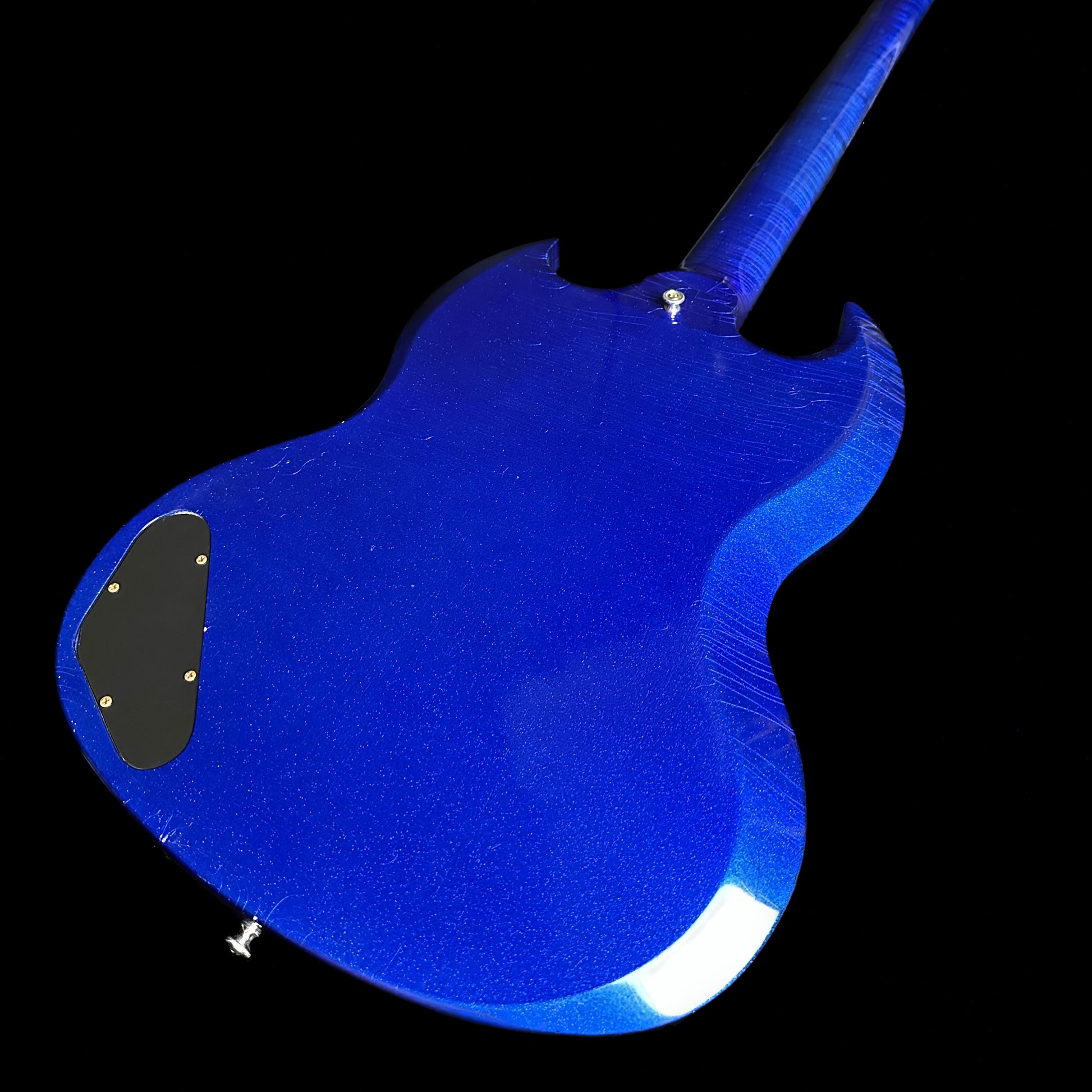Back angle of Gibson Custom Shop M2M 63 SG Junior Blue Sparkle w/Stinger Short Maestro Murphy Lab Ultra Light Aged.