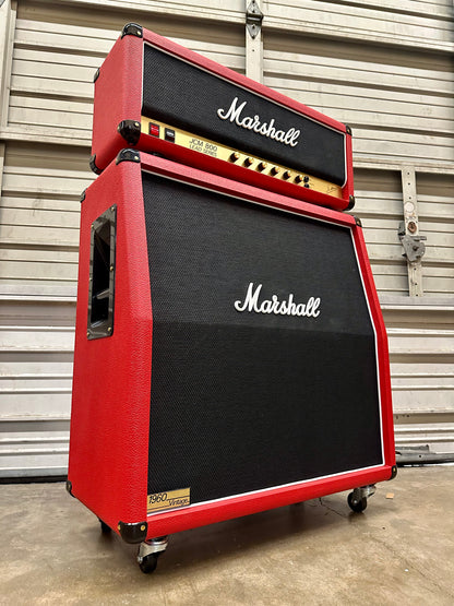 Bottom left angle of Marshall Custom Shop Tone Shop Exclusive JCM800 2203 and 1960AV Red Levant Half Stack.