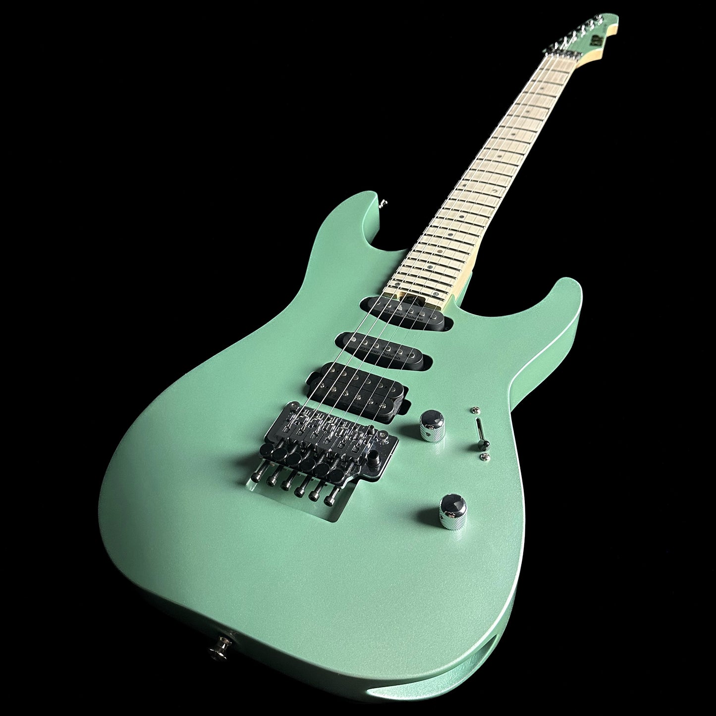 Front angle of ESP USA M-III Floyd Rose Oasis Green.