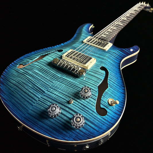 Front angle of PRS Hollowbody II Cobalt Blue 10 Top Piezo.