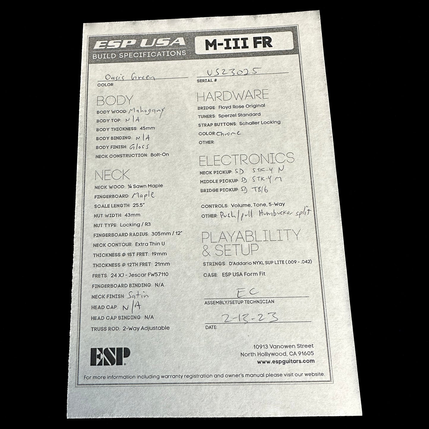 Spec sheet for ESP USA M-III Floyd Rose Oasis Green.
