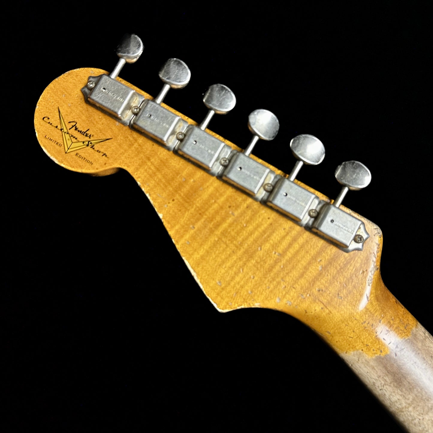 Back of headstock of Fender Custom Shop Limited 1960 Dual Mag II Stratocaster Super Heavy Relic Aged Black.