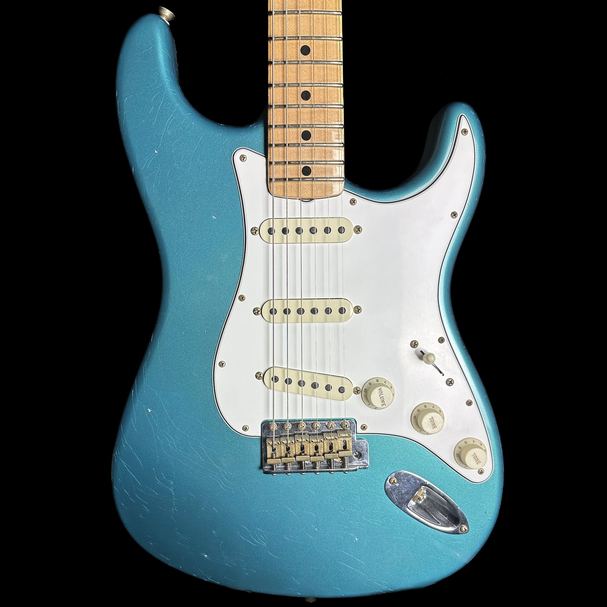 Front of Fender Custom Shop Limited Edition '68 Strat Journeyman Relic Aged Ocean Turquoise.