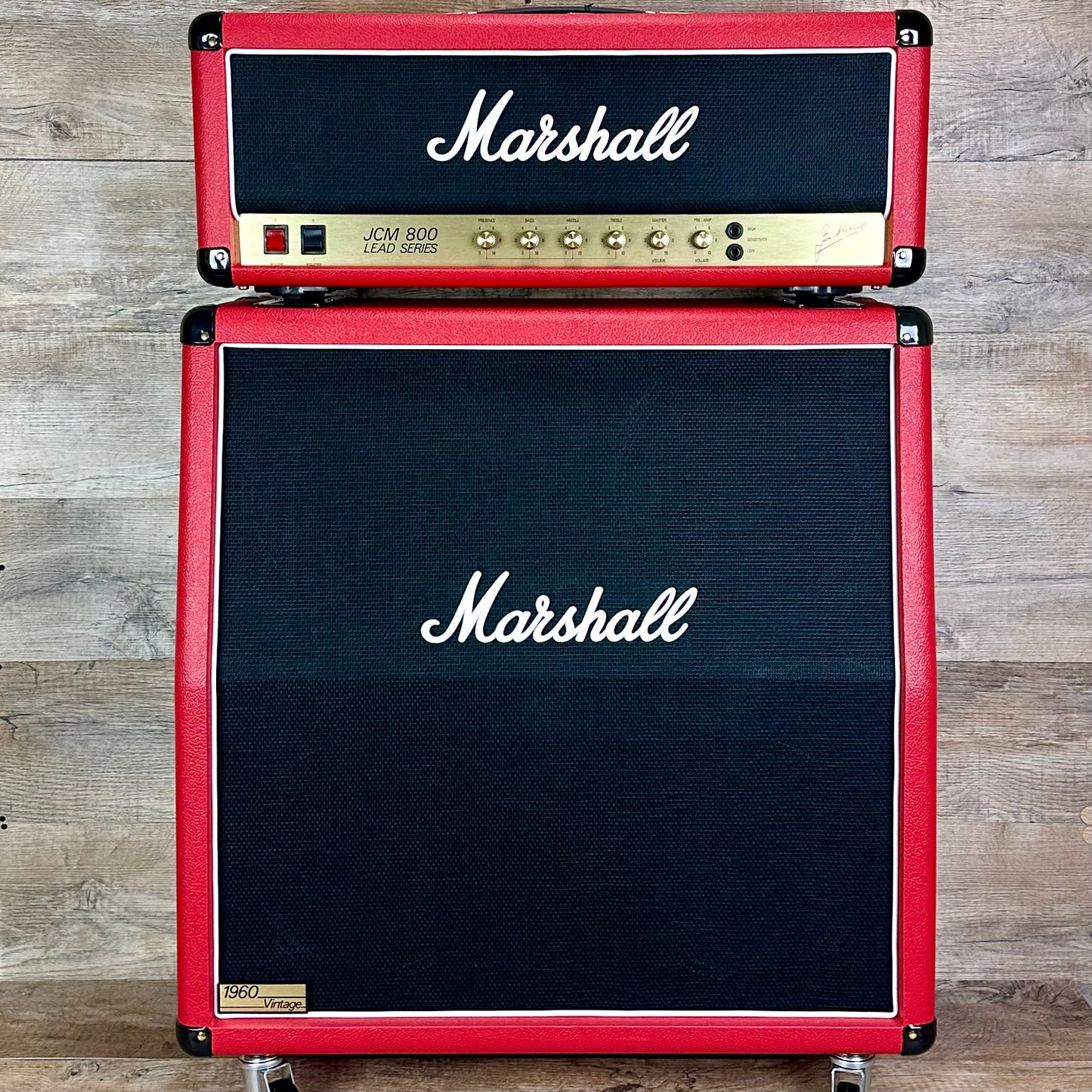 Front of Marshall Custom Shop Tone Shop Exclusive JCM800 2203 and 1960AV Red Levant Half Stack.