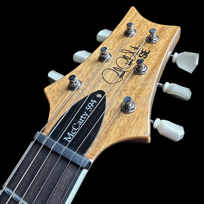 Close up of PRS Paul Reed Smith SE McCarty 594 Faded Blue headstock.