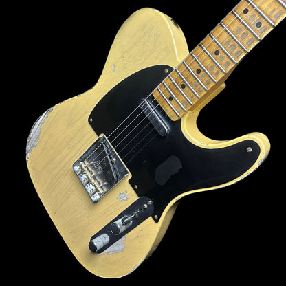 Front angle of Fender Custom Shop '52 Telecaster Heavy Relic Maple Neck Aged Nocaster Blonde.