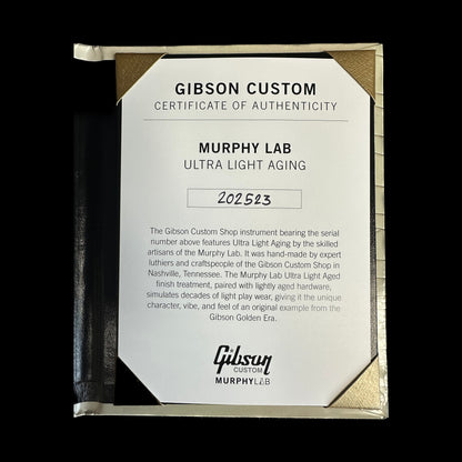 Certificate of Authenticity for Gibson Custom Shop M2M 63 SG Junior Blue Sparkle w/Stinger Short Maestro Murphy Lab Ultra Light Aged.