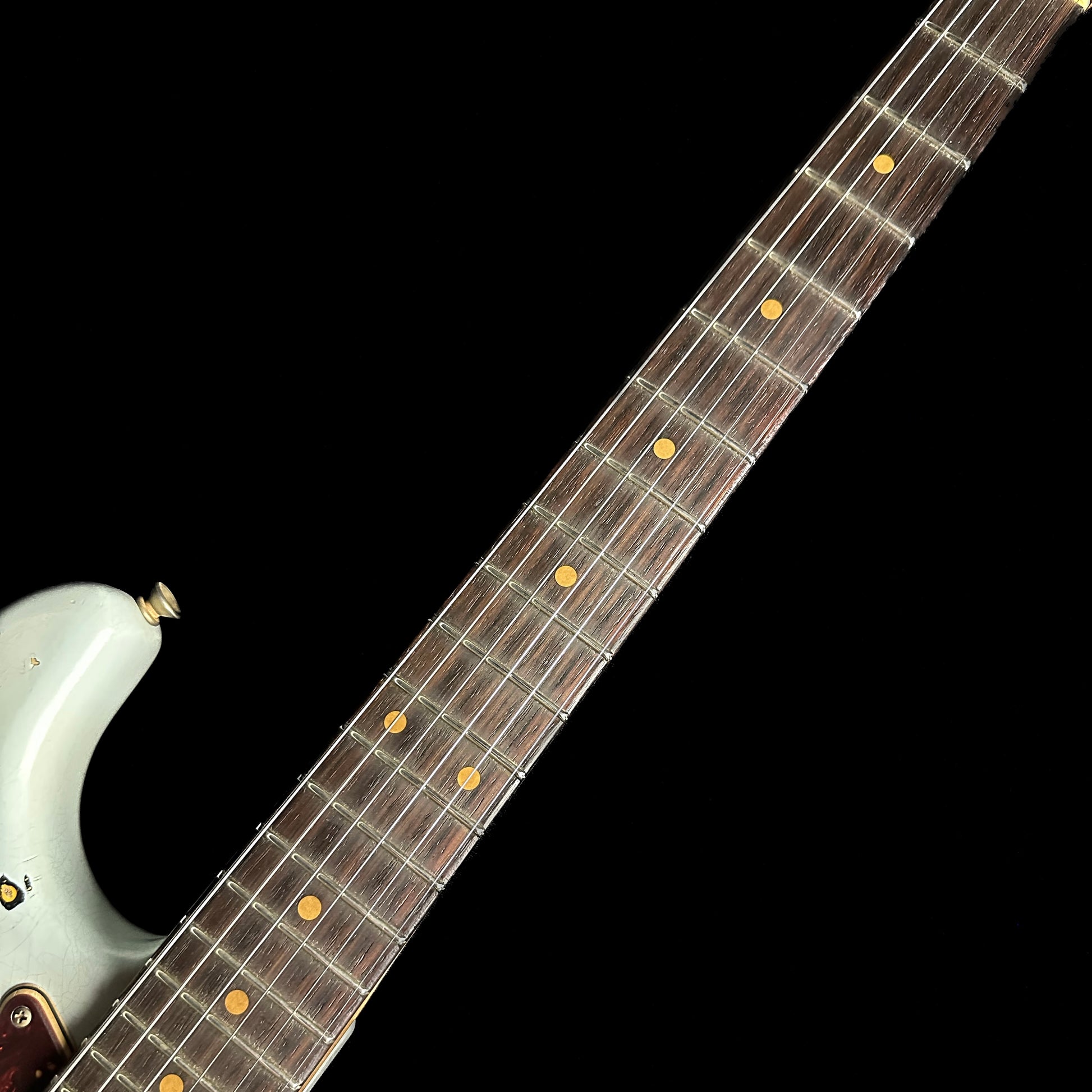 Close up of Fender Custom Shop Limited 61 Strat Heavy Relic Faded Aged Sonic Blue/3-Tone Sunburst neck.