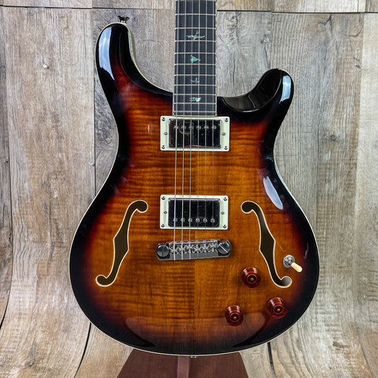 Front of PRS Paul Reed Smith SE Hollowbody II Piezo Black Gold Burst.