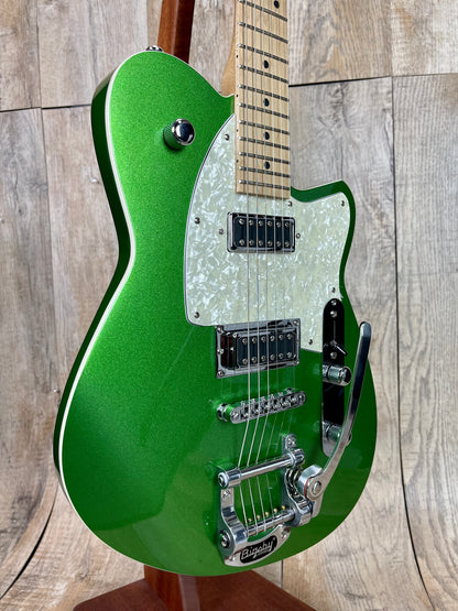 Front angle of Reverend Flatroc Metallic Emerald w/Bigsby.