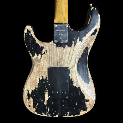 Back of Fender Custom Shop Limited Edition Poblano Stratocaster Super Heavy Relic Aged Black.