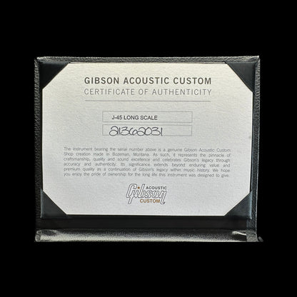 Certificate of authenticity for Gibson Custom Shop M2M J-45 Long Scale Ebony.