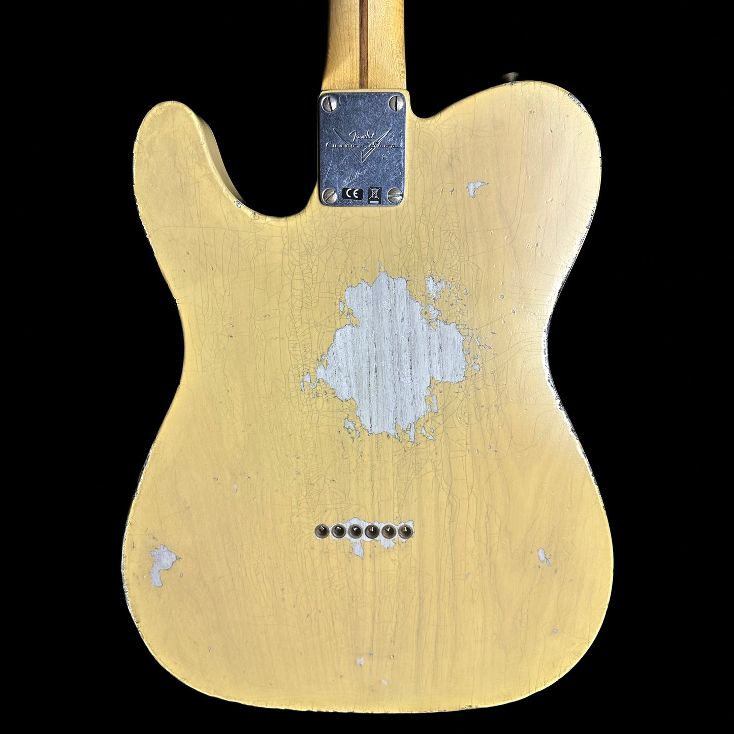 Back of Fender Custom Shop '52 Telecaster Heavy Relic Maple Neck Aged Nocaster Blonde.